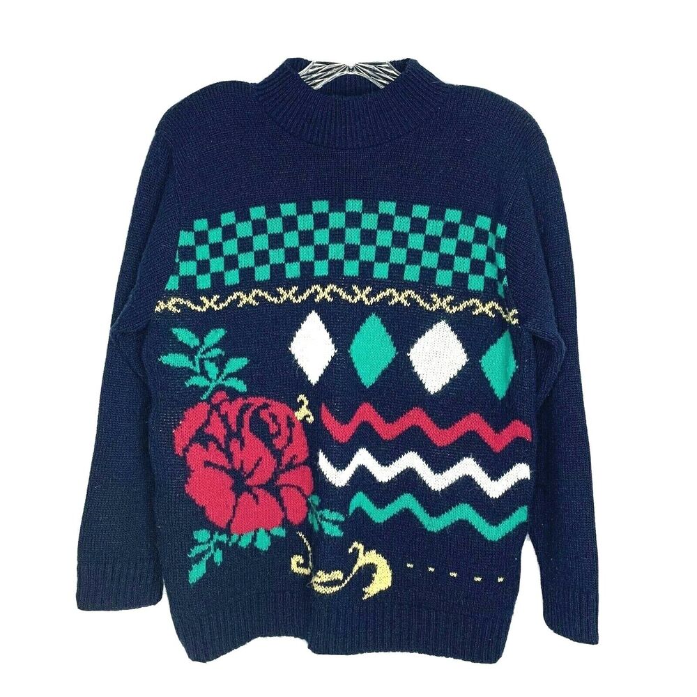 Vintage 1980s Womens Sweater Size Small Navy Blue Rose Shoulder Pads